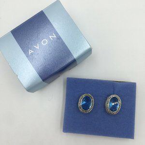 AVON Silver Plated (SP) Faceted Aqua Blue Rhinestone Pierced Stud Earrings, 2003